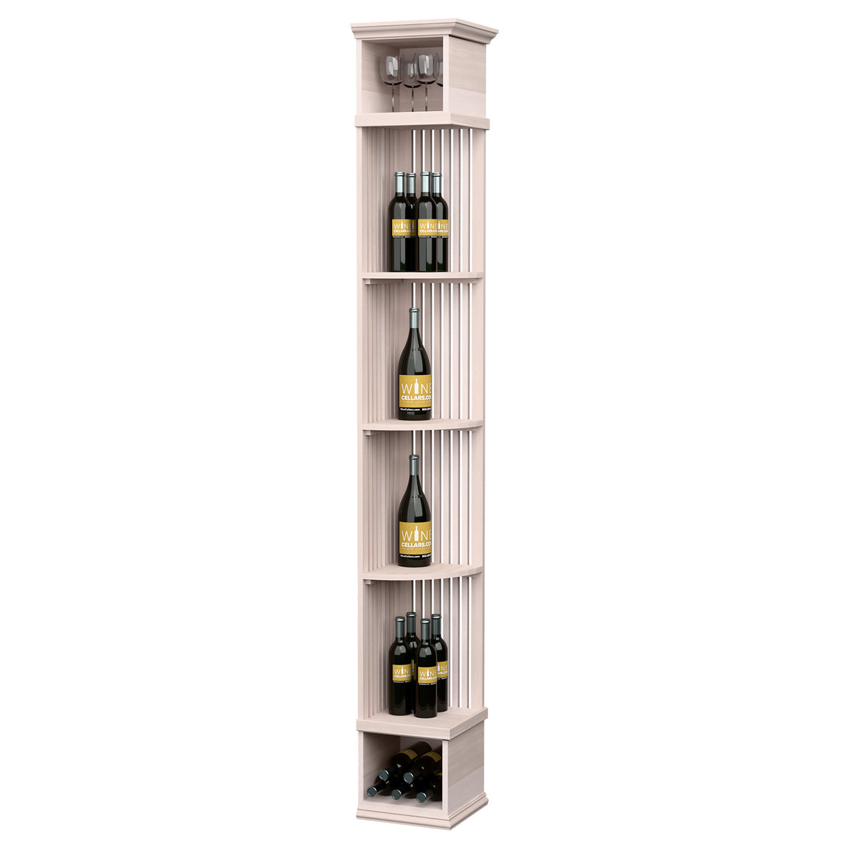 Lattice wine shelf with square base, tall corner organizer in whitewashed wood finish.