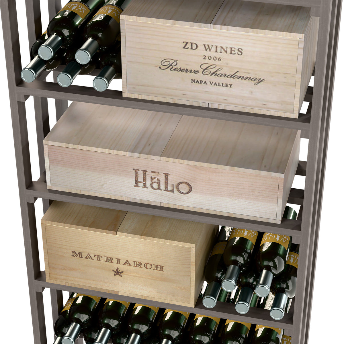 Rectangular wine and case bin close-up with wooden cases and bottle storage shelves