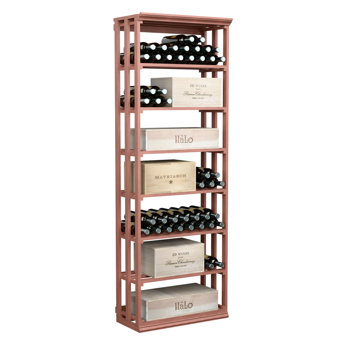 Rectangular wine and case bin with red lattice frame and open shelves for bottles