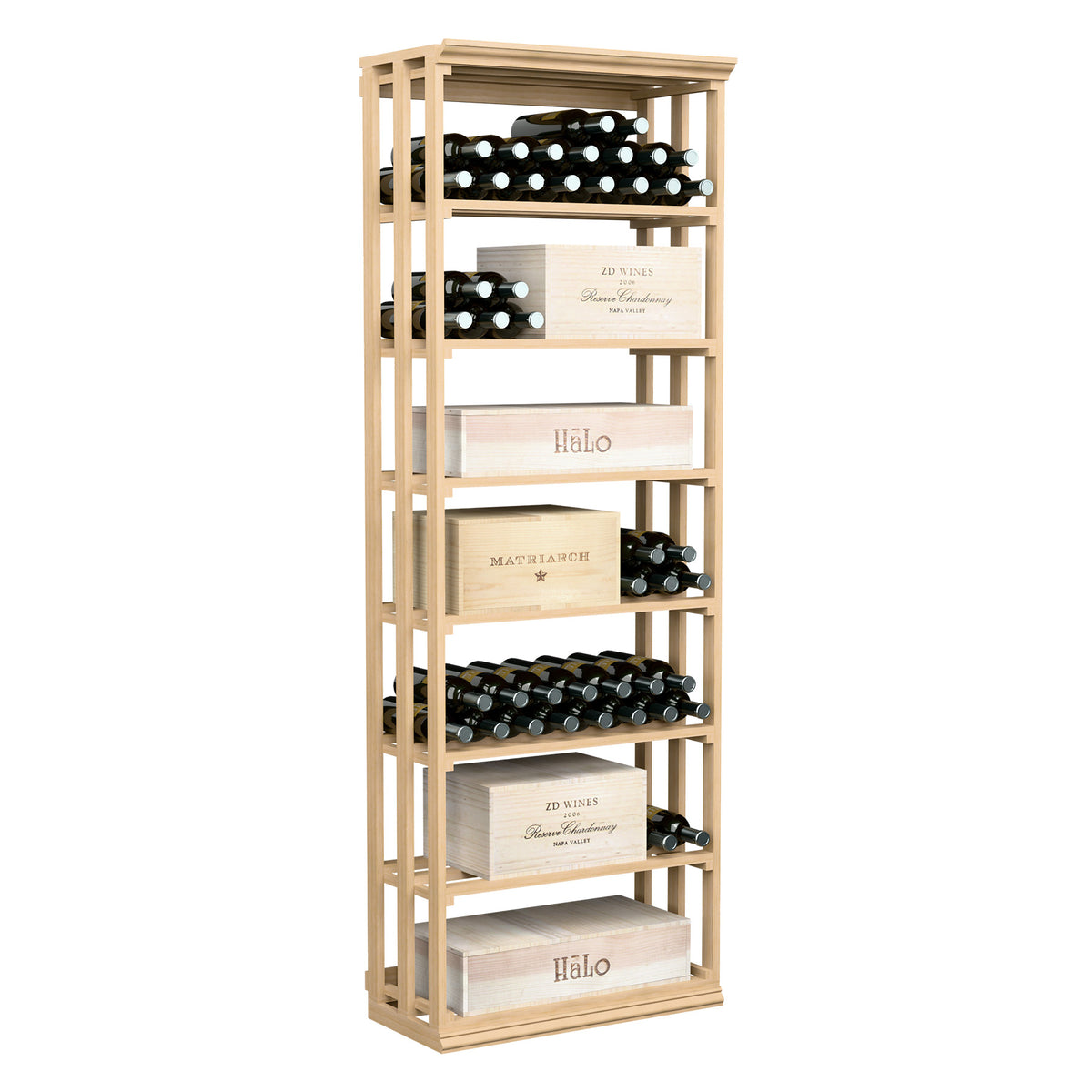 Rectangular wine and case bin with light wood lattice frame and open bottle shelves
