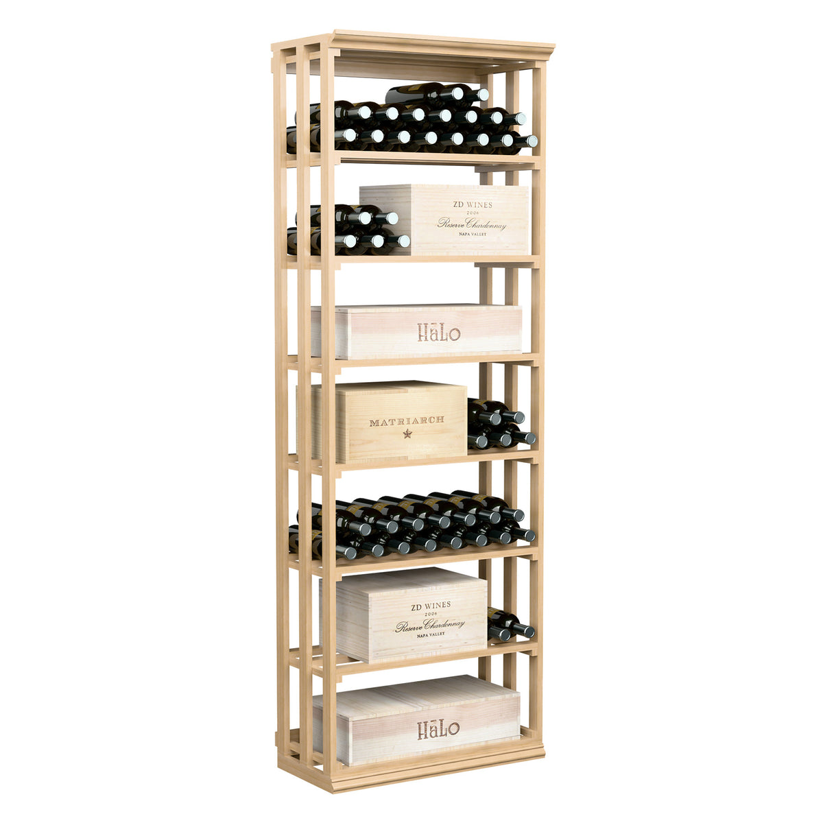 Light wood lattice wine and case storage rack with multiple shelves for bottles and cases
