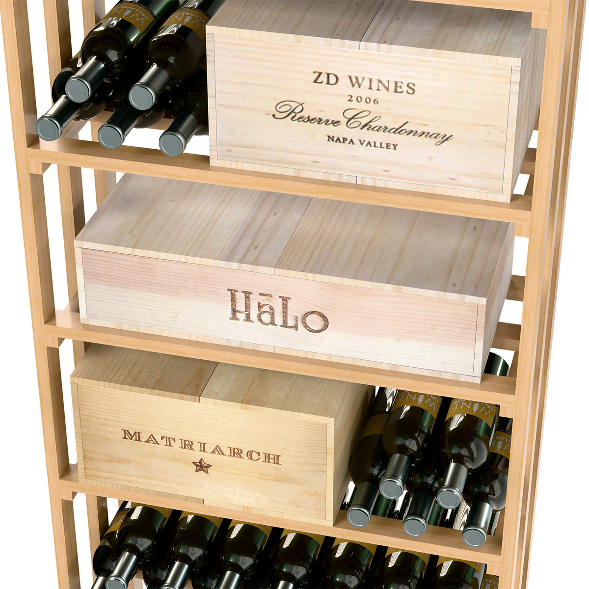 Light wood wine rack with labeled front bins and bottle holders on lower shelves