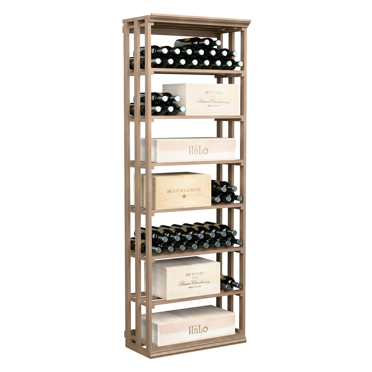 Light wood lattice wine rack with open-top bottle rows and tiered case shelves