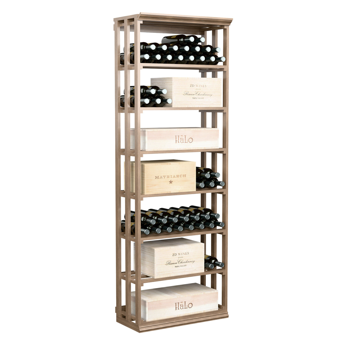 Light wood wine and case rack with lattice frame and tiered bottle-and-bin storage