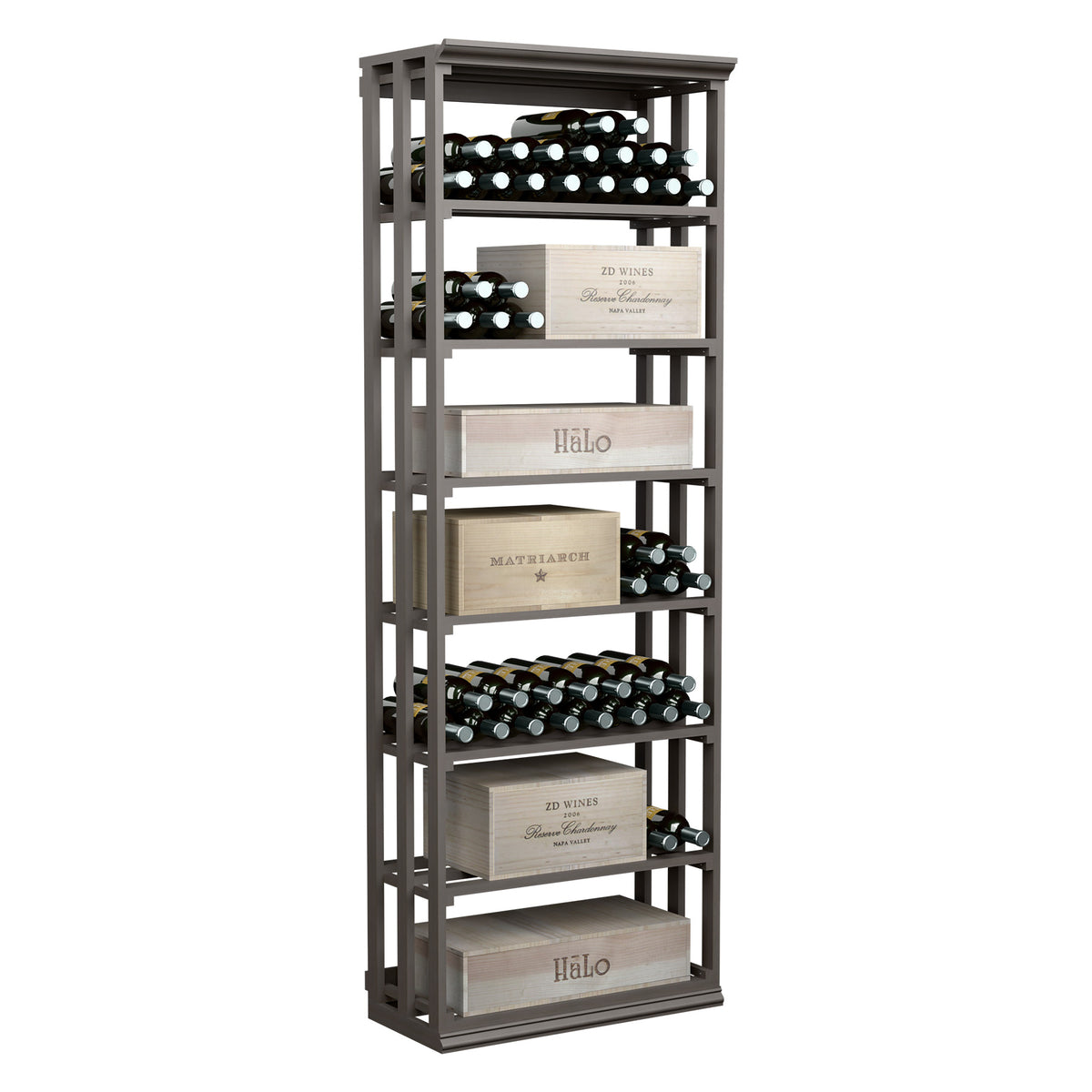 Dark wood lattice wine and case storage rack with tiered bottle and drawer shelves
