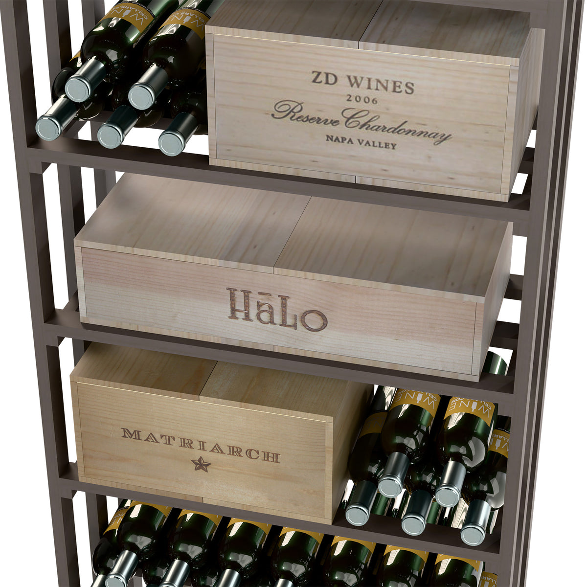 Dark wood wine rack close-up with labeled case bins and bottle holder compartments