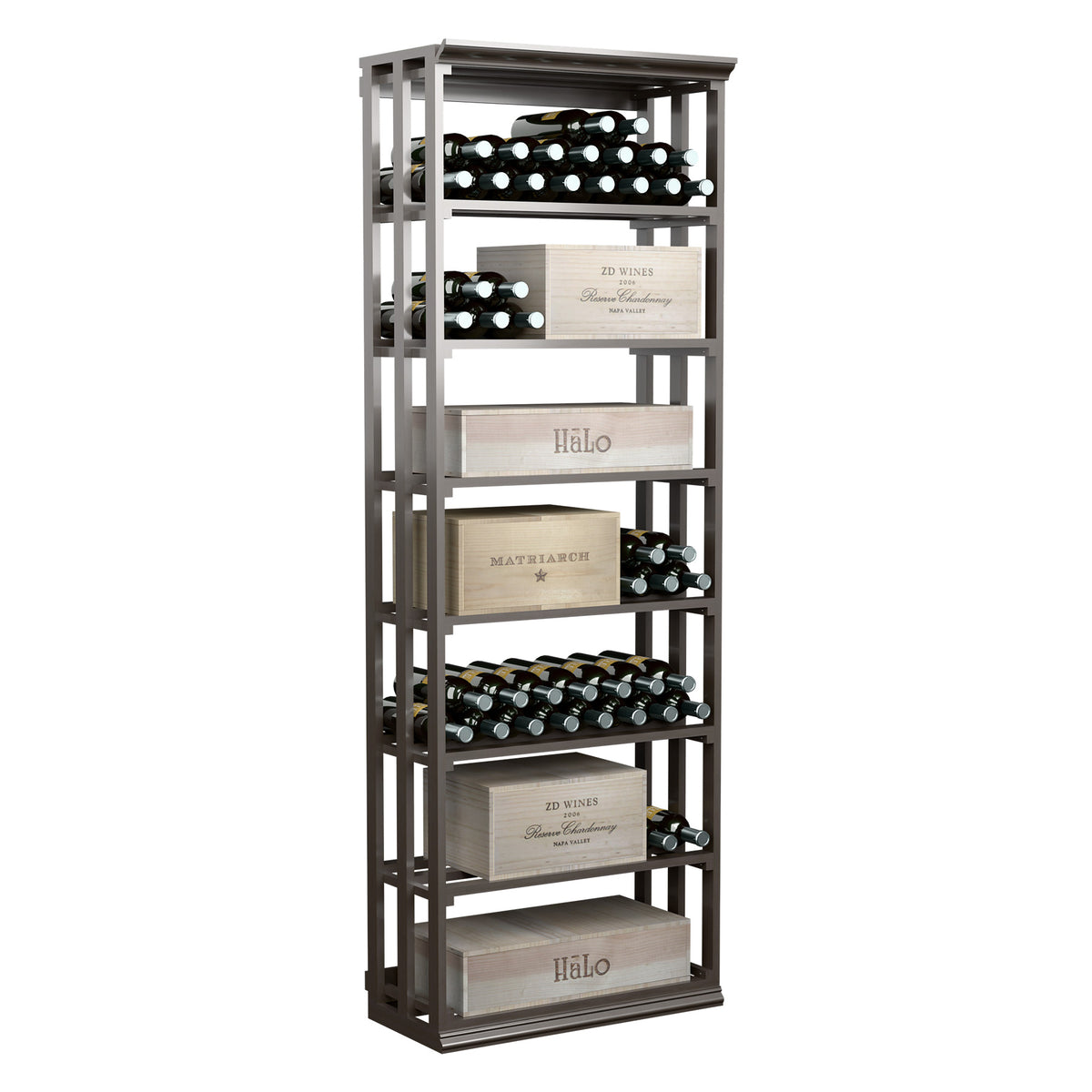 Dark wood lattice wine and case rack with multiple shelves for bottles and stacked cases