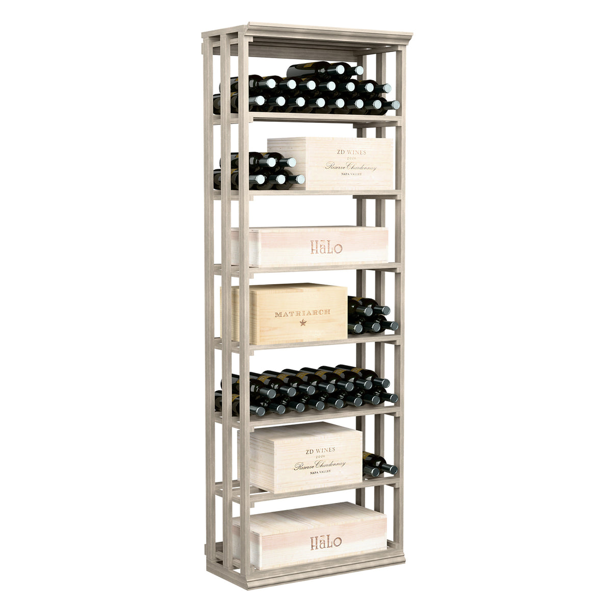 Light wood rectangular wine rack with lattice sides and 6 bottle shelves