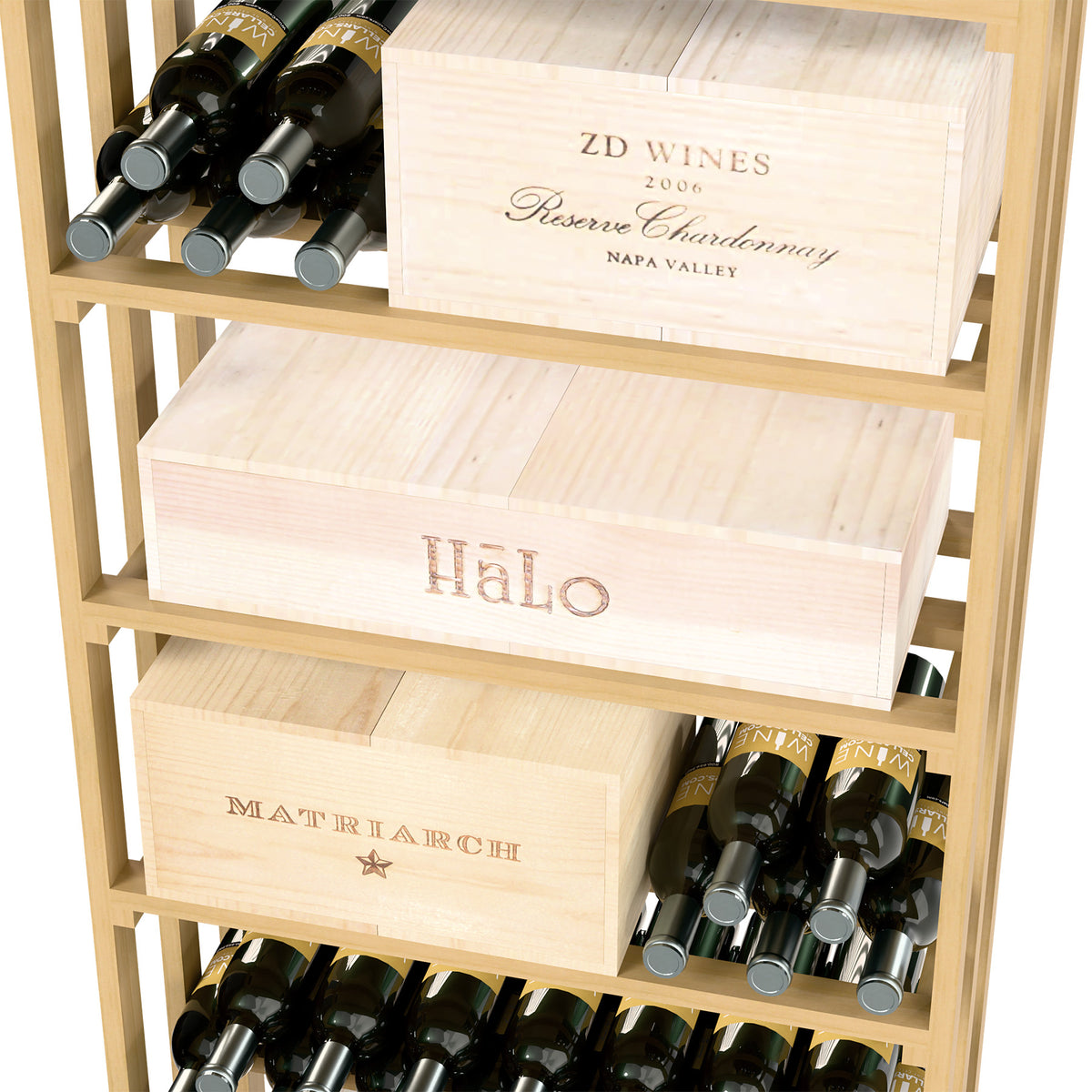 Light wood wine rack close-up with labeled crates and bottle holders
