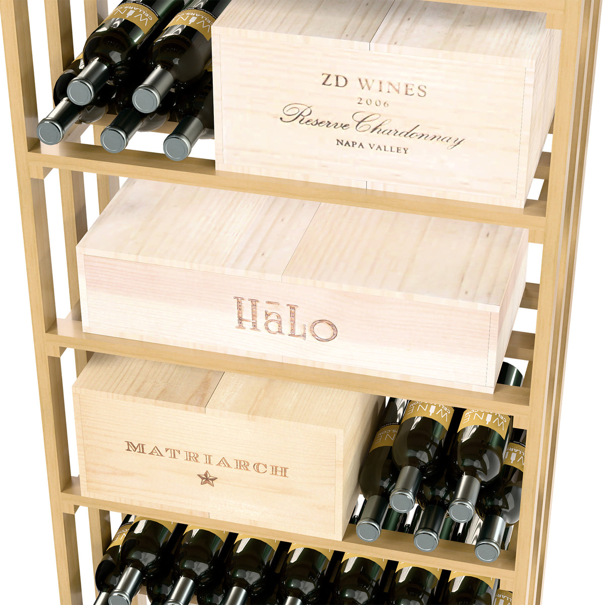 Light wood wine rack with stacked crates holding dark wine bottles