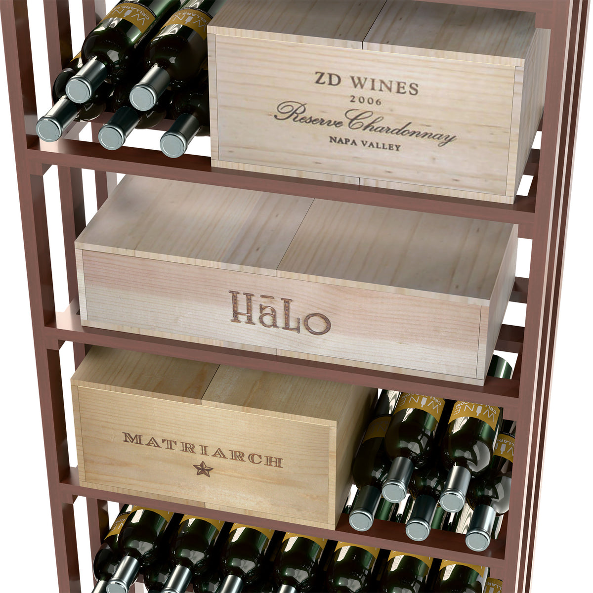 Wine bin with front shelves holding bottles and wooden case crates, dark wood