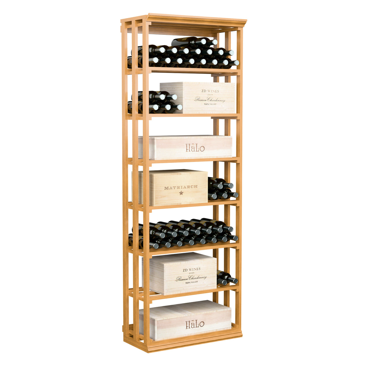 Lattice rectangular wine and case bin with tiered bottle shelves, natural wood finish