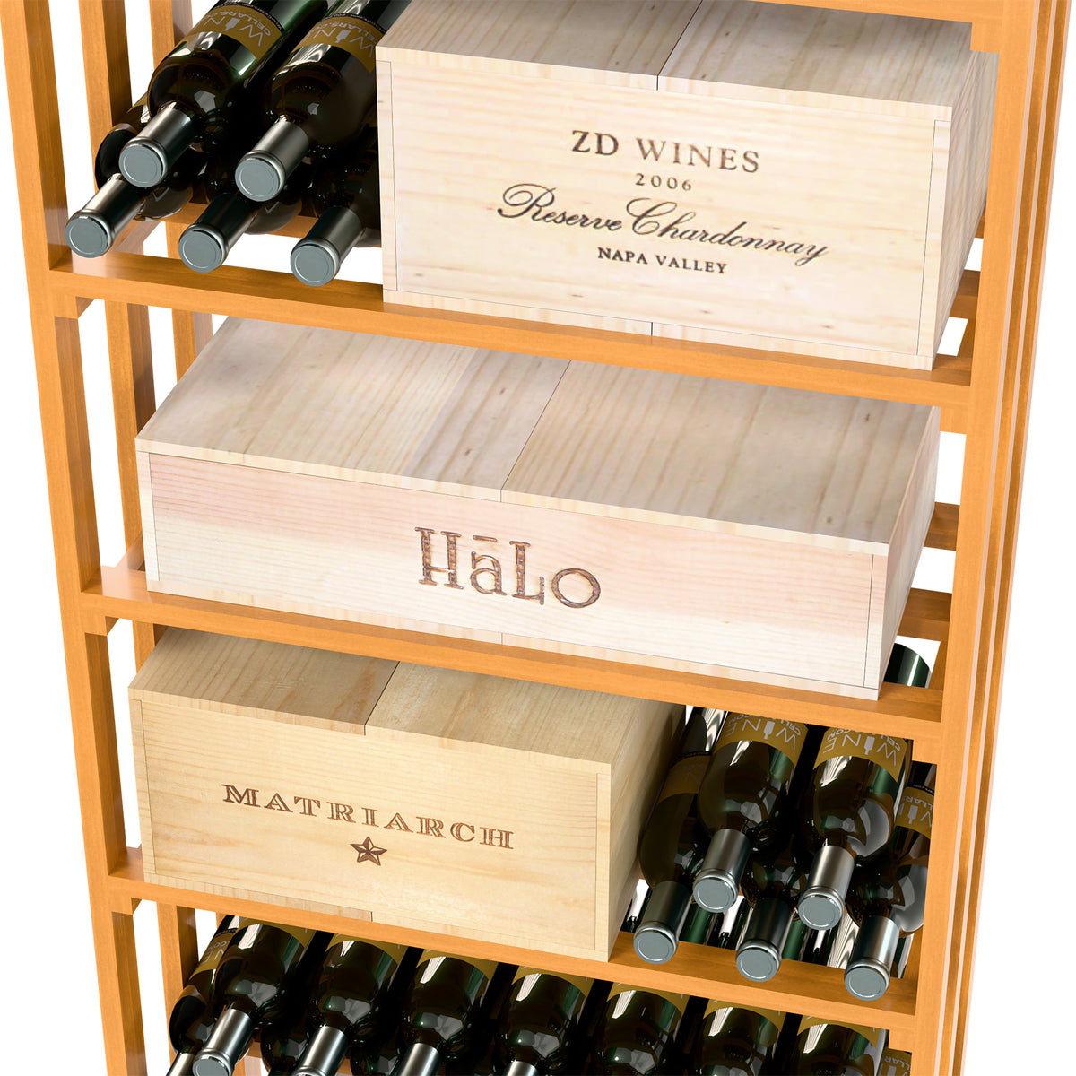 Close view of wine bin shelves holding bottles and wooden case crates, natural wood