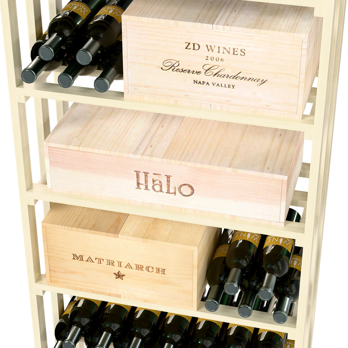 Close-up of white wine bin shelves with bottle slots and wooden wine cases
