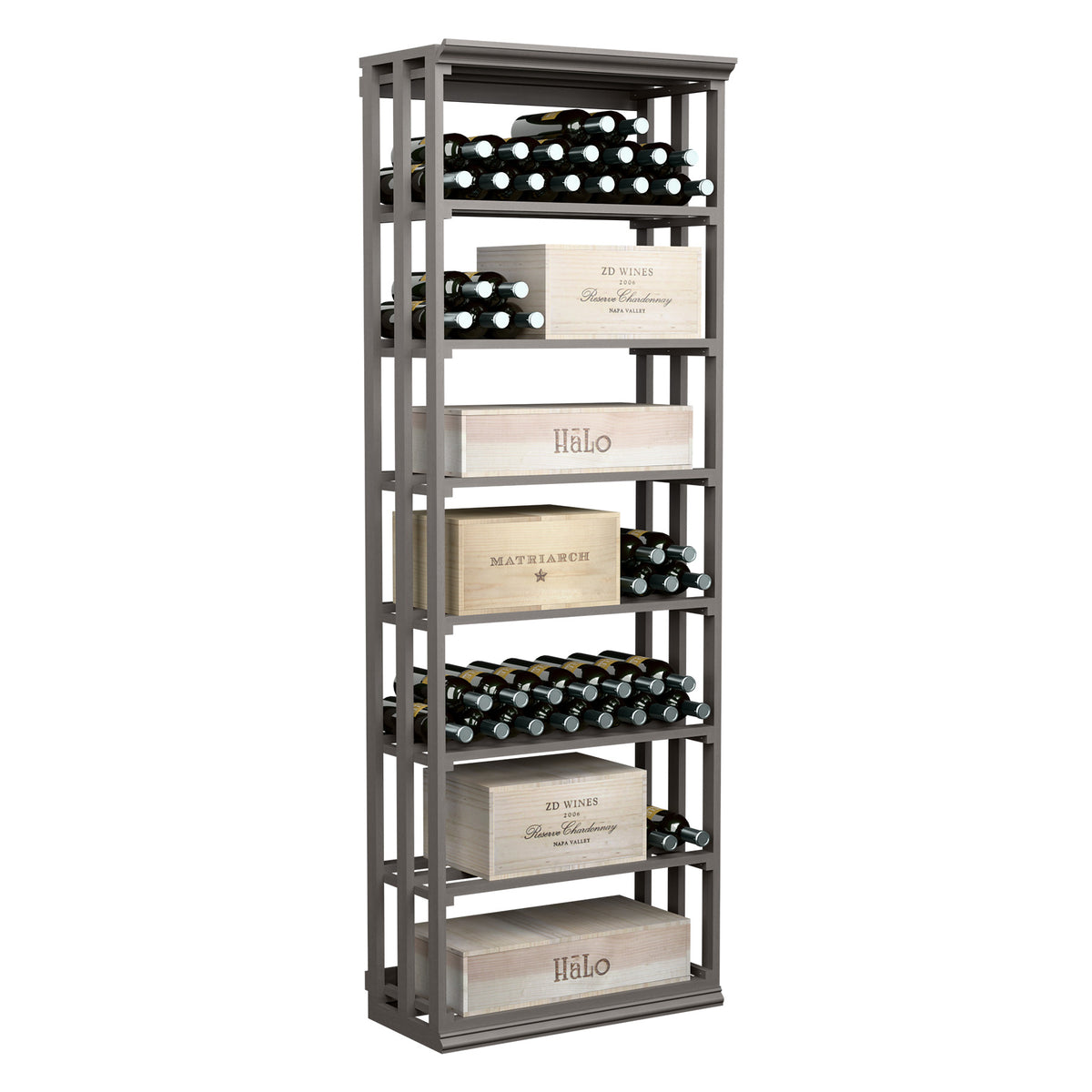 Rectangular lattice wine and case bin with dark wood shelves and wine bottle slots.