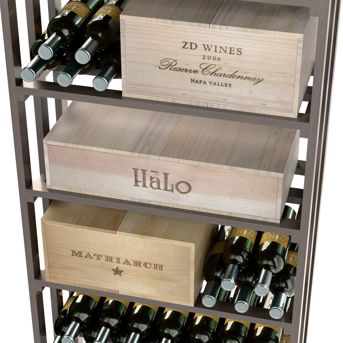 Close view of dark wood wine bin with labeled front crates and bottle holders.