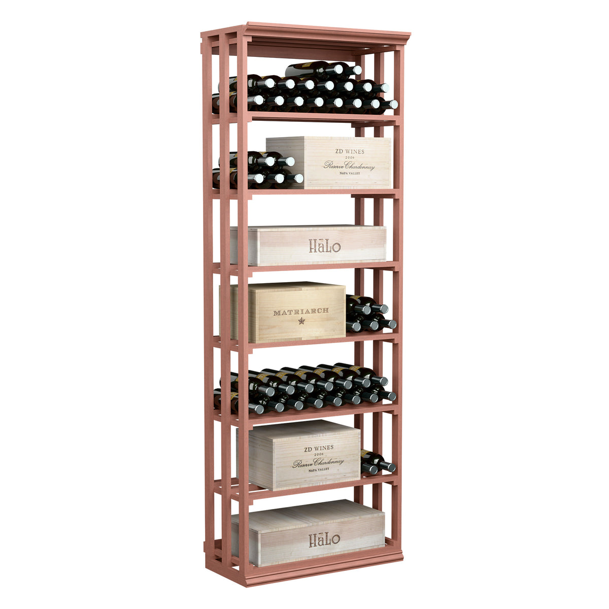 Rectangular lattice wine and case bin in light red wood with multi-level bottle storage.