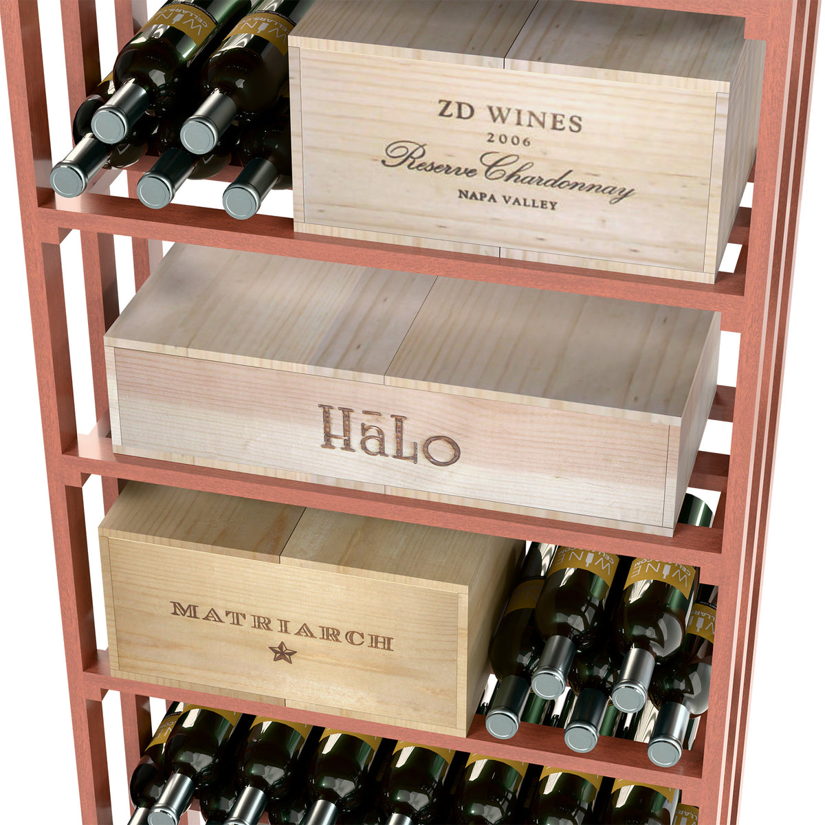 Close-up of red wood wine bin showing front crates and bottle openings.