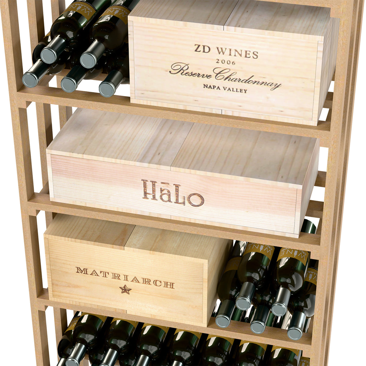 Light wood wine rack with front crates and wine bottle compartments across three levels.