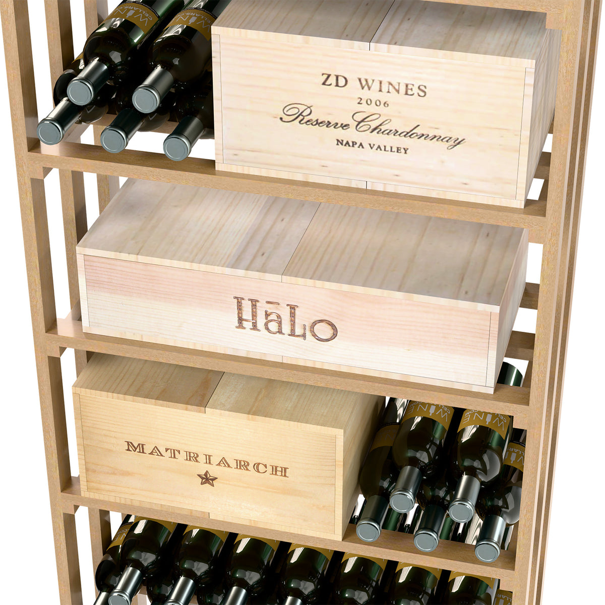 Rectangular wine storage rack close-up with wooden crates labeled and bottles