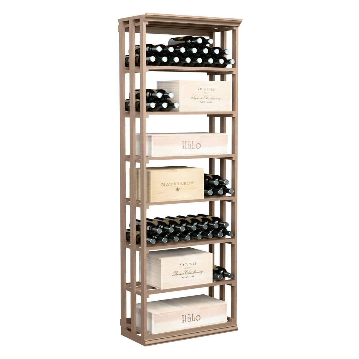 Rectangular lattice wine storage rack with front bottle shelf and stacked crates