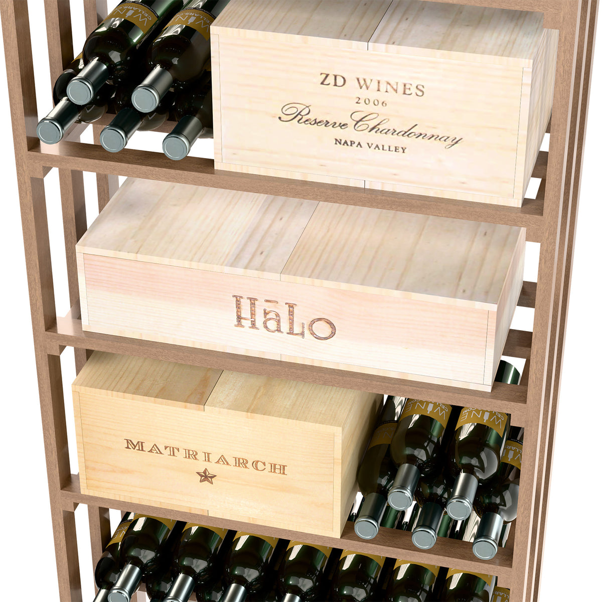 Rectangular wine storage rack close-up with stacked wooden bins and wine bottles
