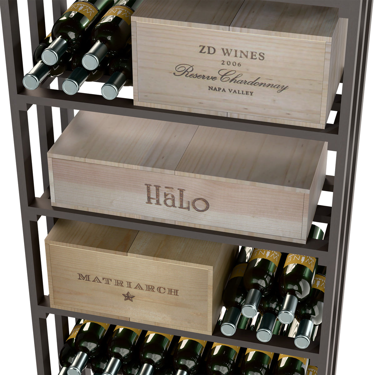 Rectangular wine storage rack close-up in dark finish with labeled wooden bins