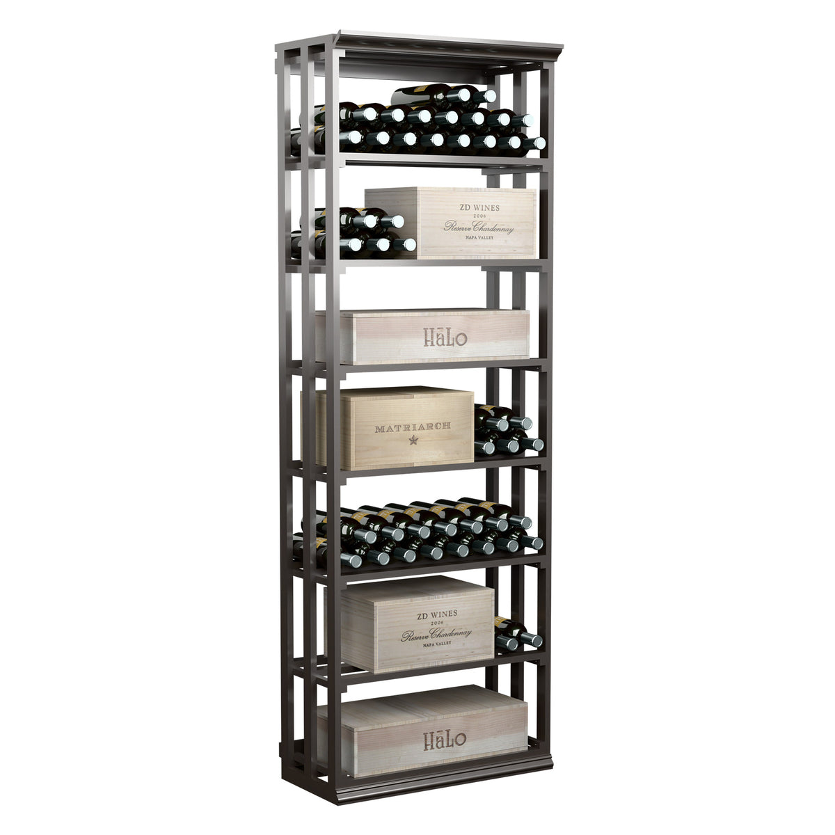 Rectangular lattice wine storage rack with dark frame and stacked bottle crates