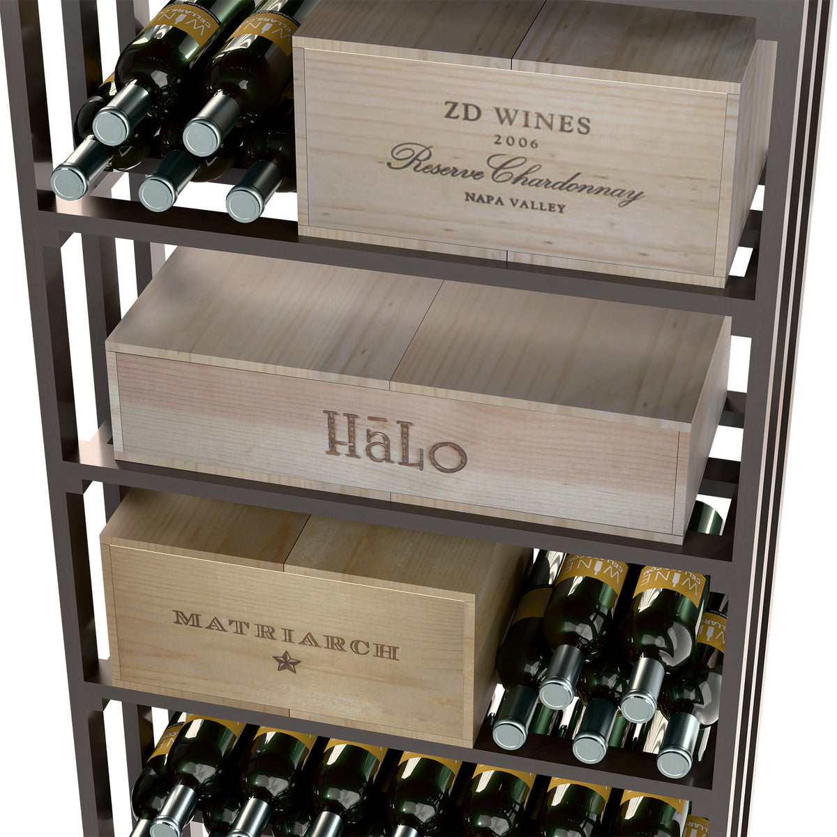 Rectangular wine storage rack close-up in dark finish with bottles in wooden bins