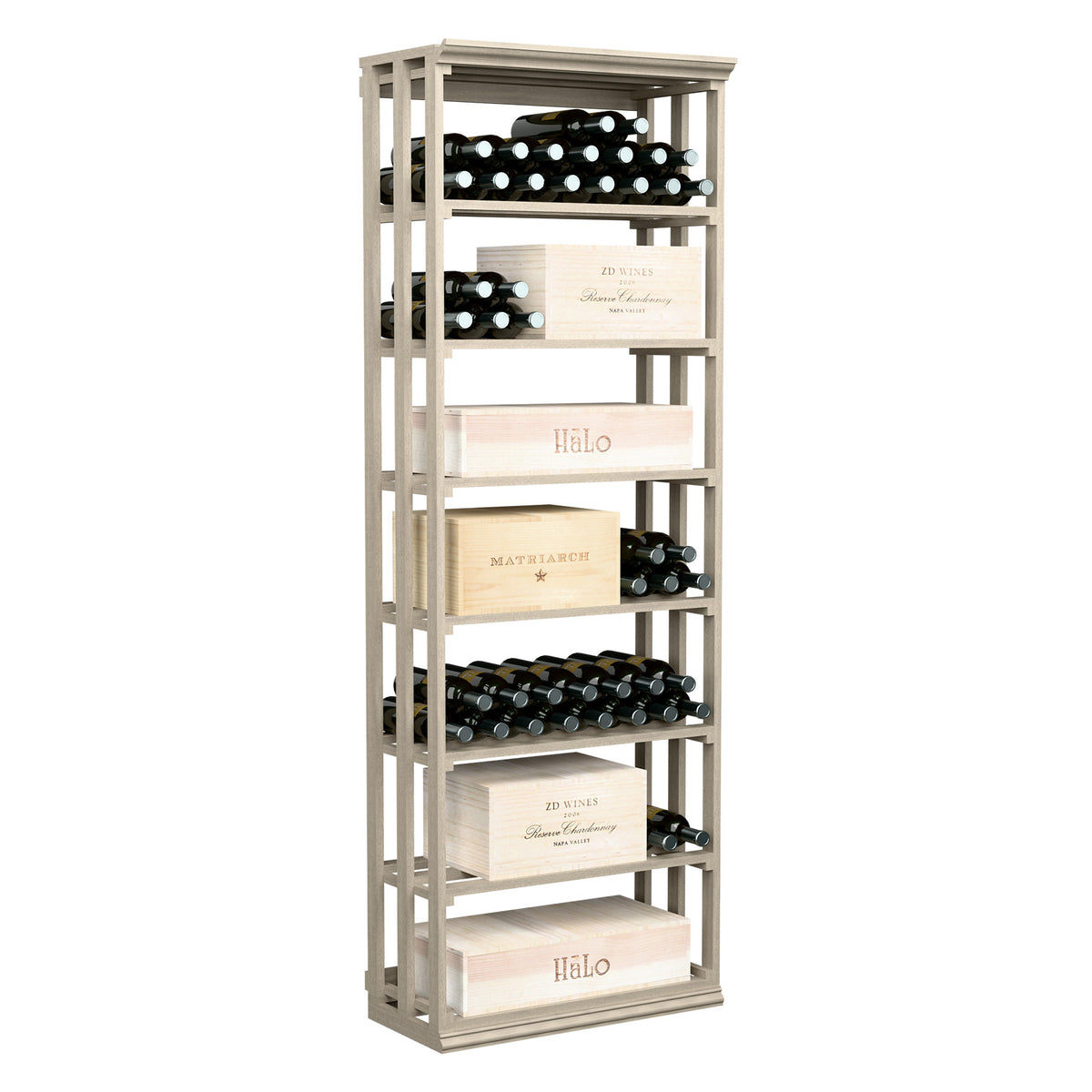 Lattice rectangular wine storage rack with open shelves and bottle slots, light gray wood