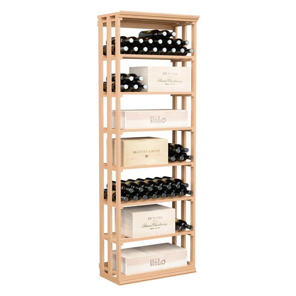Lattice rectangular wine storage rack with open shelves and bottle slots, light wood finish