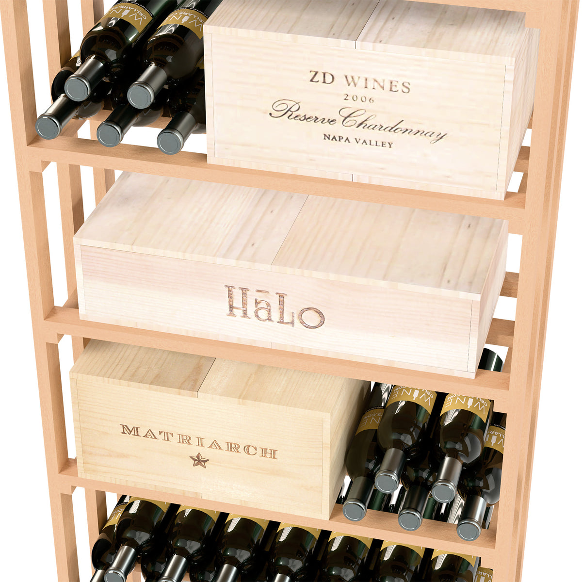 Rectangular wine rack close-up with engraved wooden case panels and wine bottles in slots