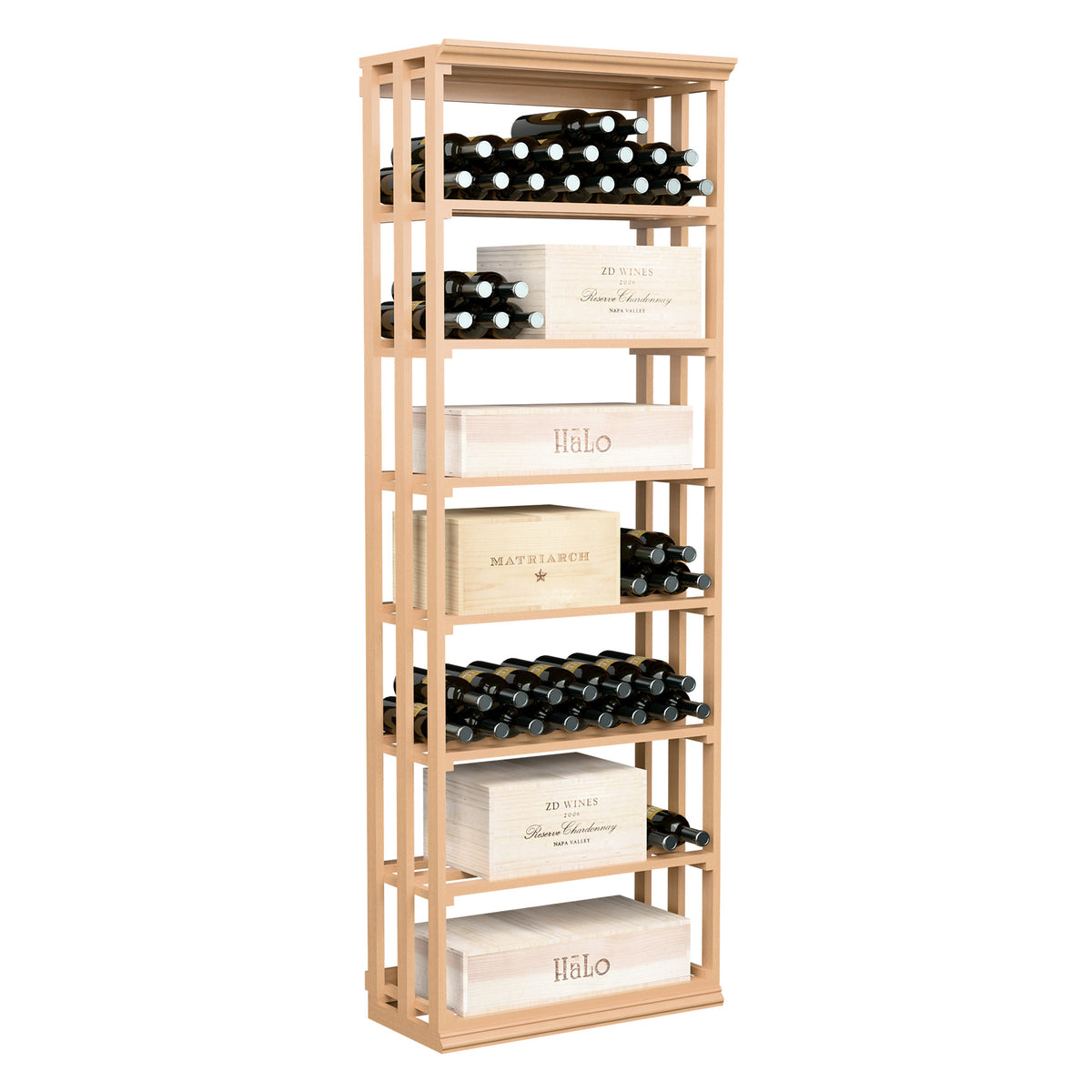 Lattice rectangular wine storage rack with open shelves and bottle holders, light wood