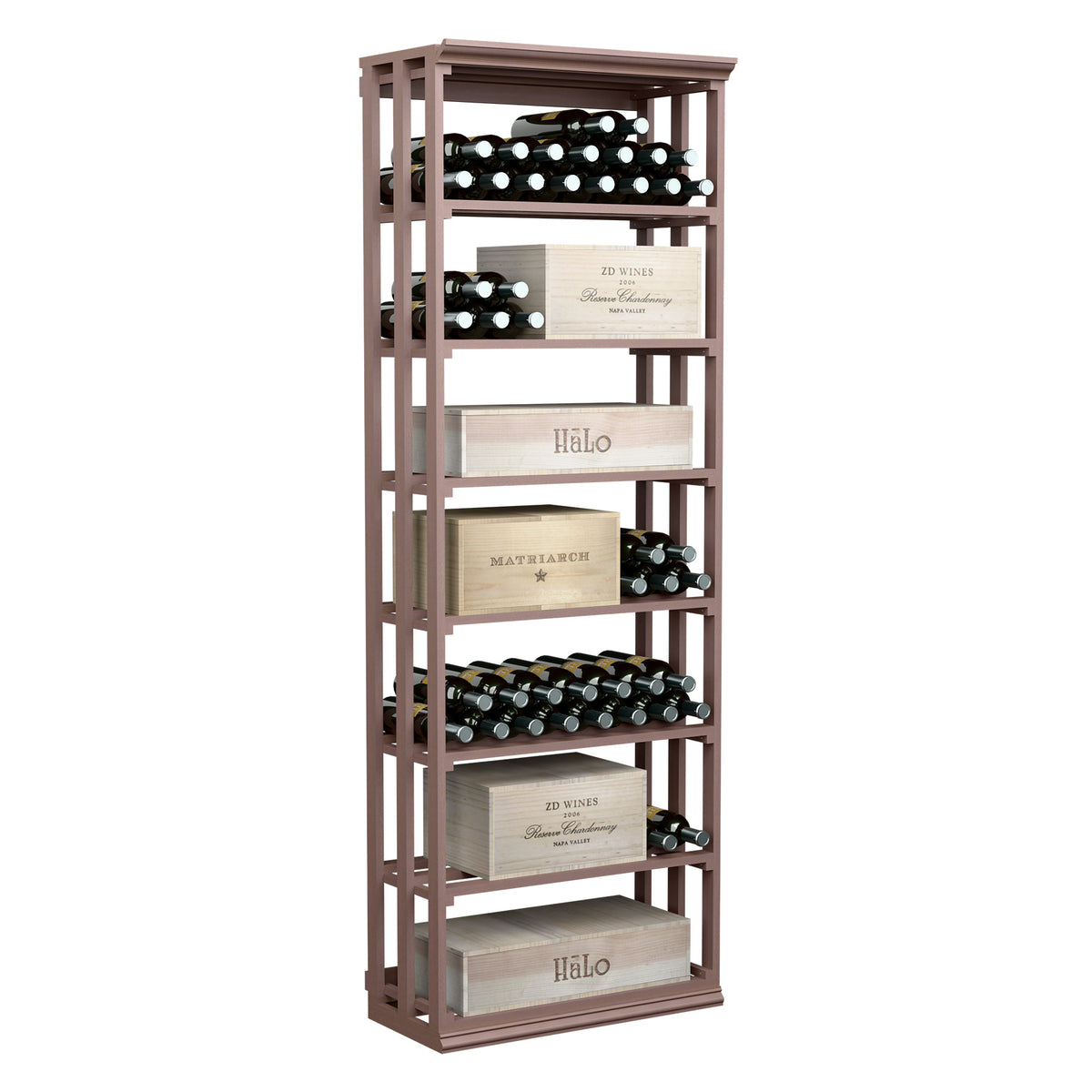 Lattice rectangular wine storage rack with open bottle shelves and labeled wooden panels