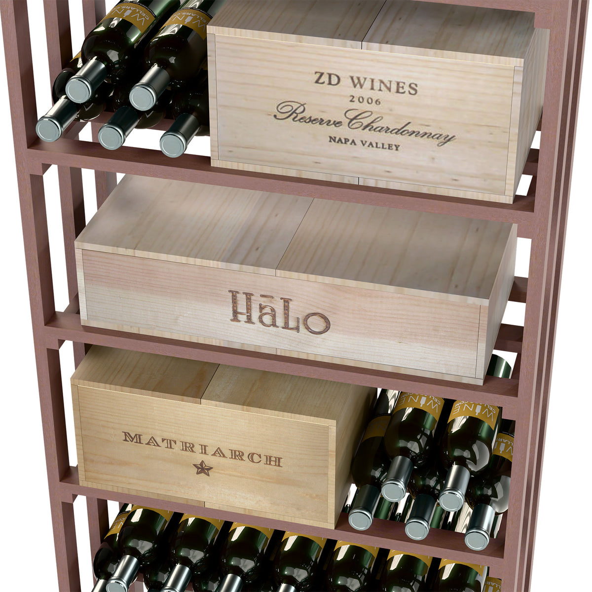 Rectangular wine rack close-up with labeled wooden cases and rows of wine bottles