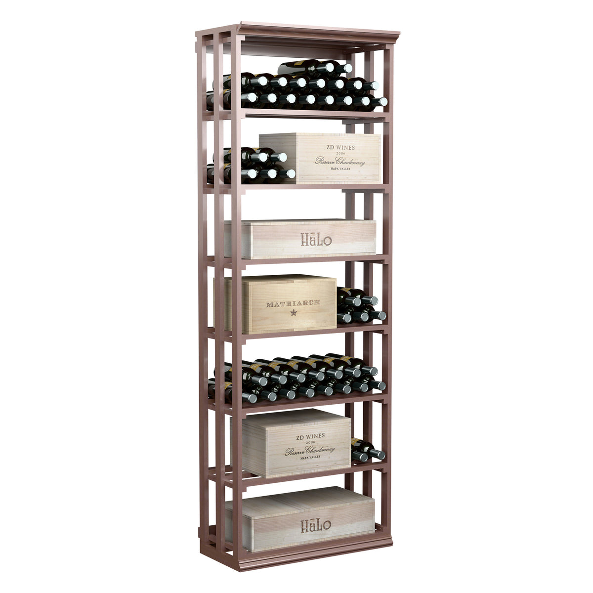 Rectangular lattice wine storage case with open shelves and bottle racks, dark stained wood.