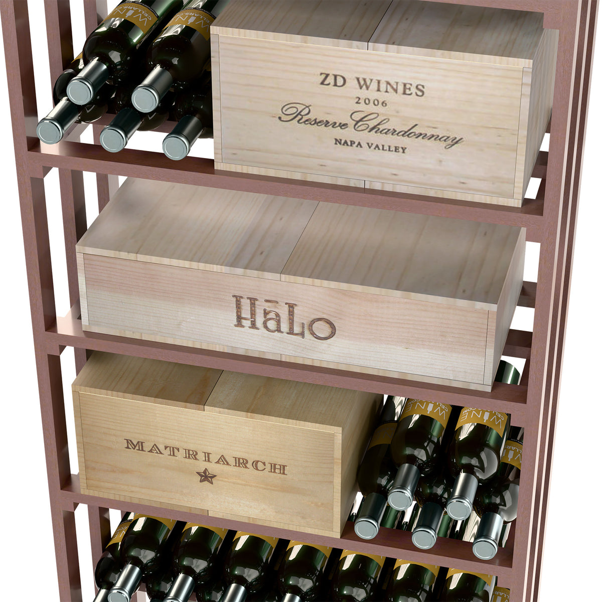 Wine storage case close-up with bottle slots and wooden drawers labeled for wine bottles.