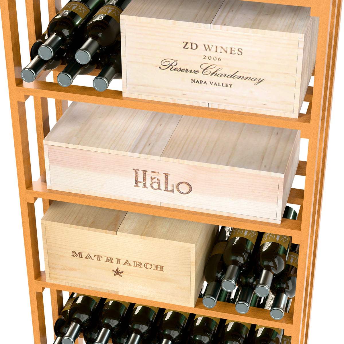 Wine storage case close-up with bottle holders and labeled wooden drawers for wine bottles.