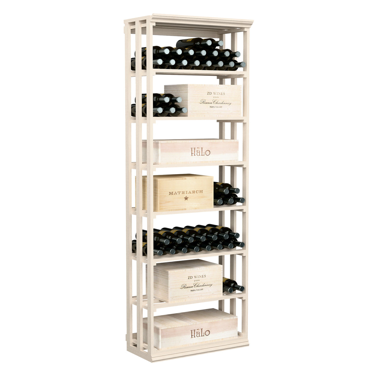 Rectangular lattice wine storage case with open shelves and bottle racks, white-painted wood.