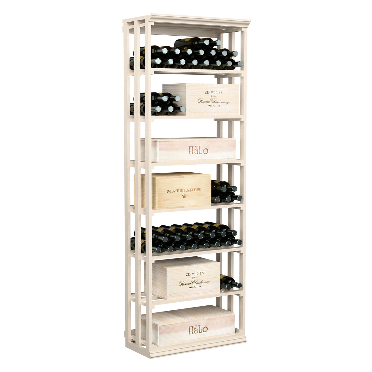 Rectangular lattice wine storage case with open shelves and bottle racks, white-painted wood.