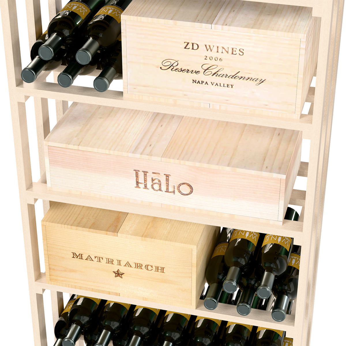 Wine storage case close-up with bottle holders and labeled wooden drawers, white finish.