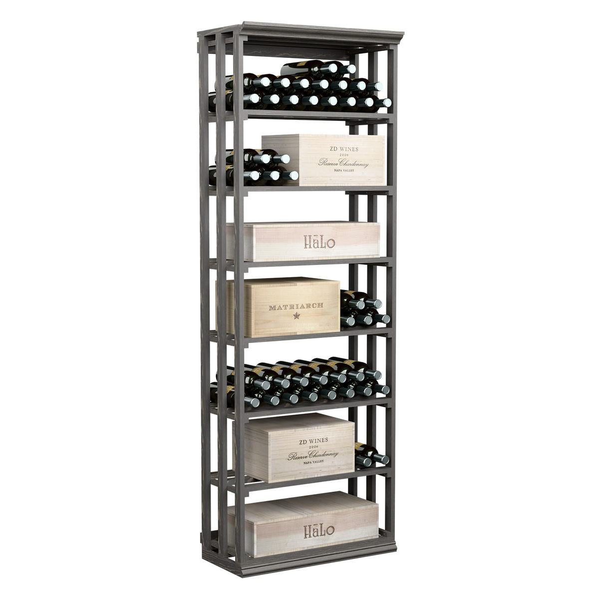Rectangular wine storage bin with lattice frame and stacked bottle racks, dark stained wood.