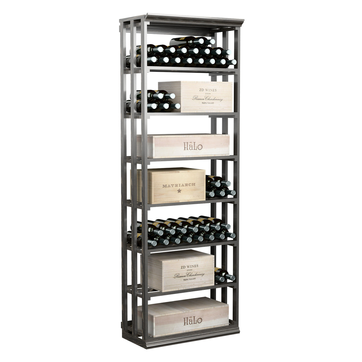 Rectangular lattice wine storage bin with bottle rack shelves and wooden case drawers, dark.