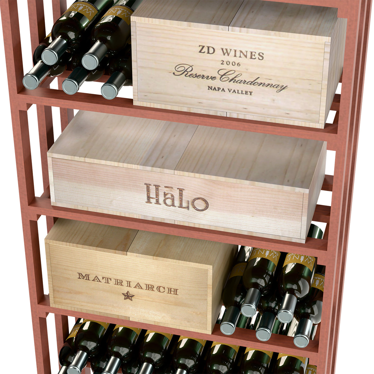 Wine storage bin close-up with wooden drawers labeled and bottle slots in redwood frame.