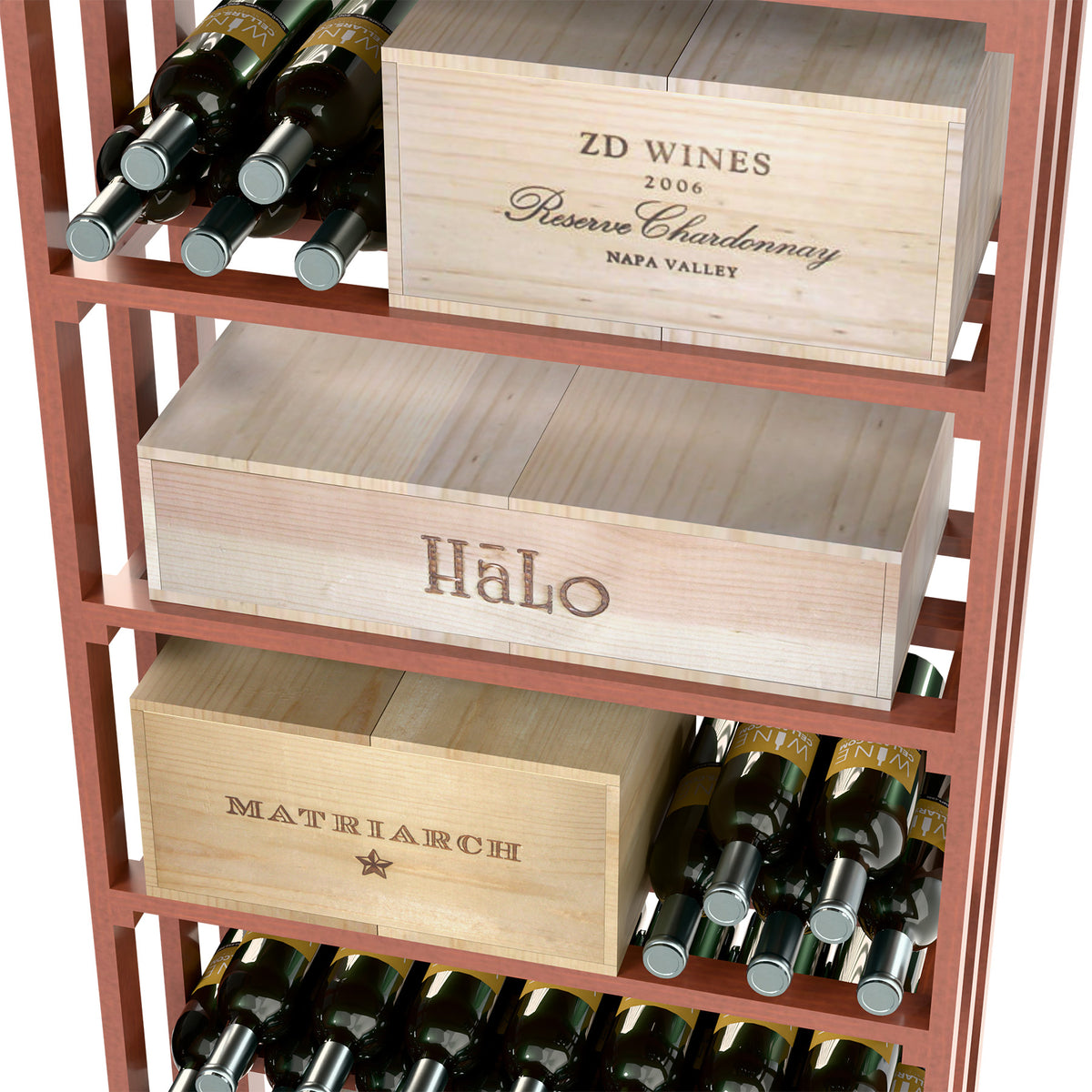 Wine storage bin front view with open wooden case drawers and bottle racks, redwood frame.
