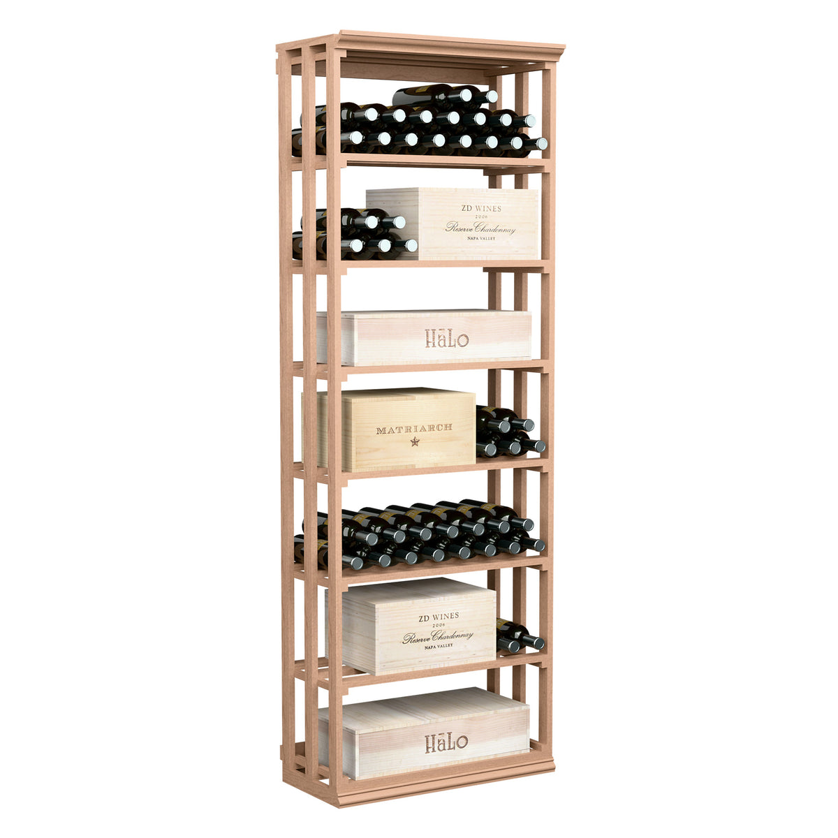 Rectangular lattice wine storage bin with stacked bottle shelves and wooden drawers, light redwood.