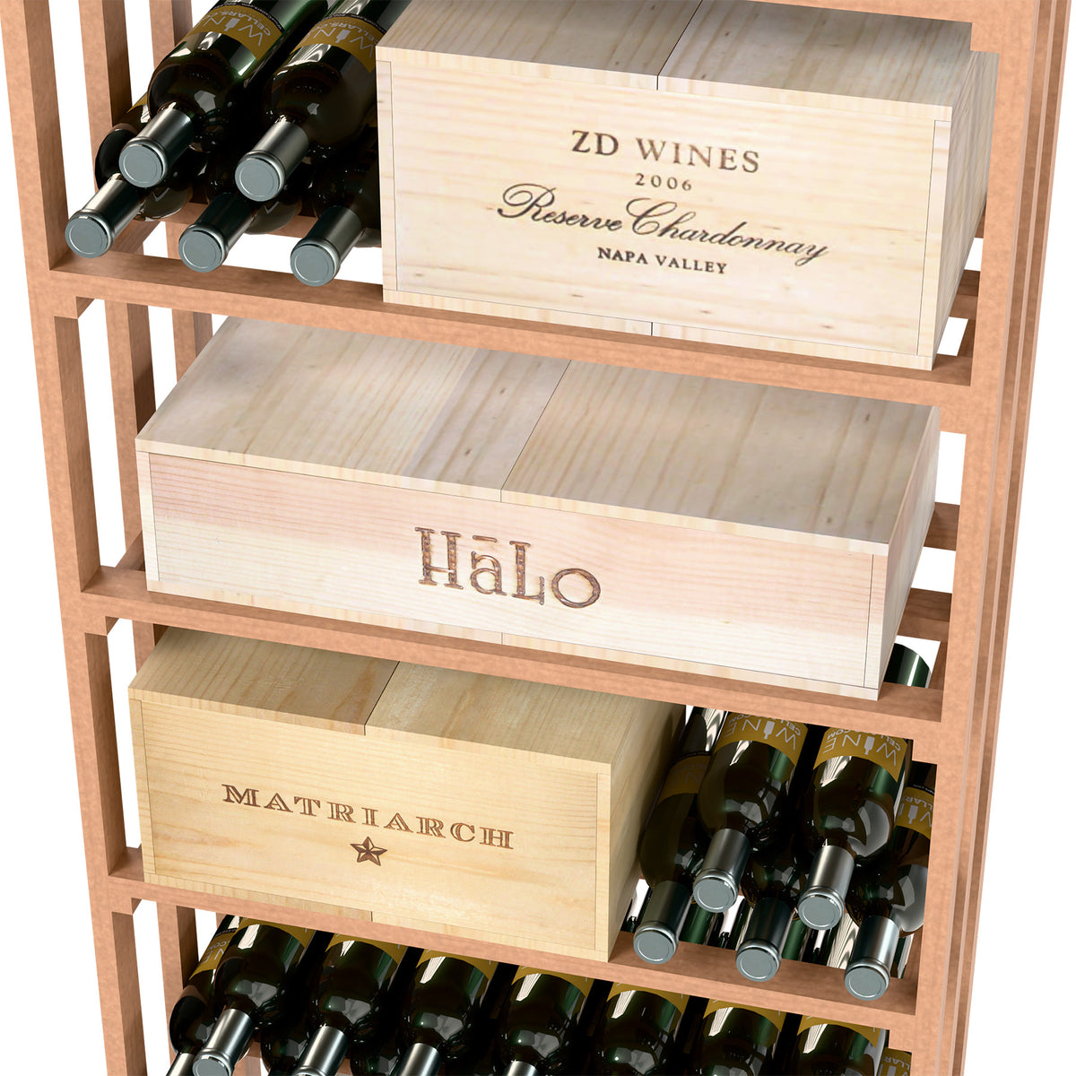 Wine storage bin with open drawers and bottle slots, redwood frame and light wood panels.