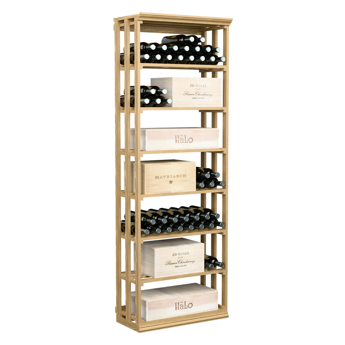 Tall rectangular wooden wine rack with lattice sides and tiered bottle compartments