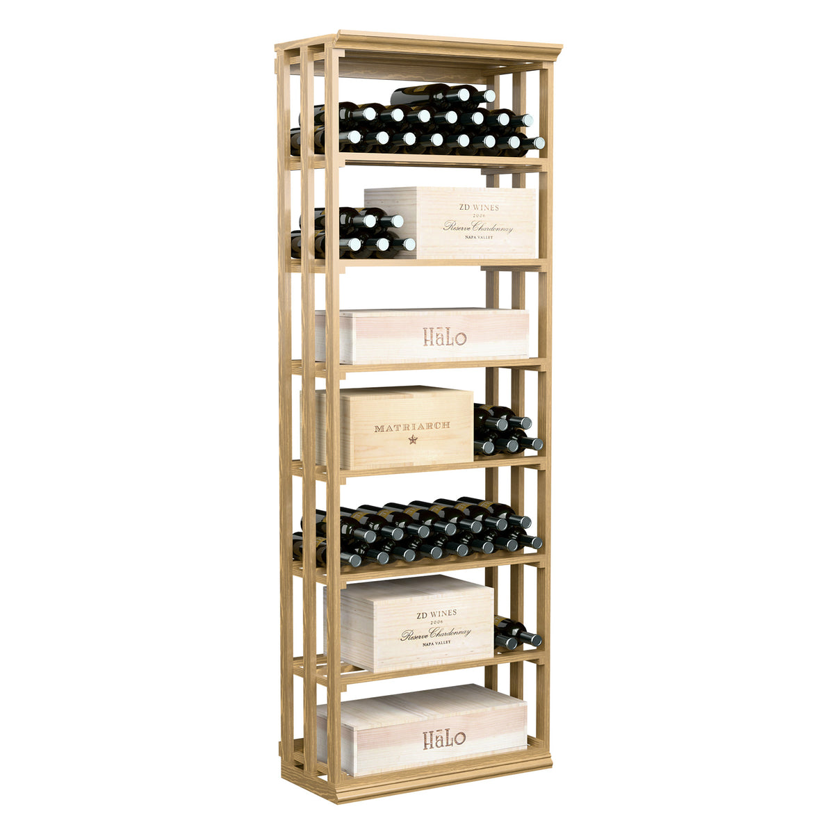 Rectangular wooden wine case bin with tiered shelves and lattice side panel frame