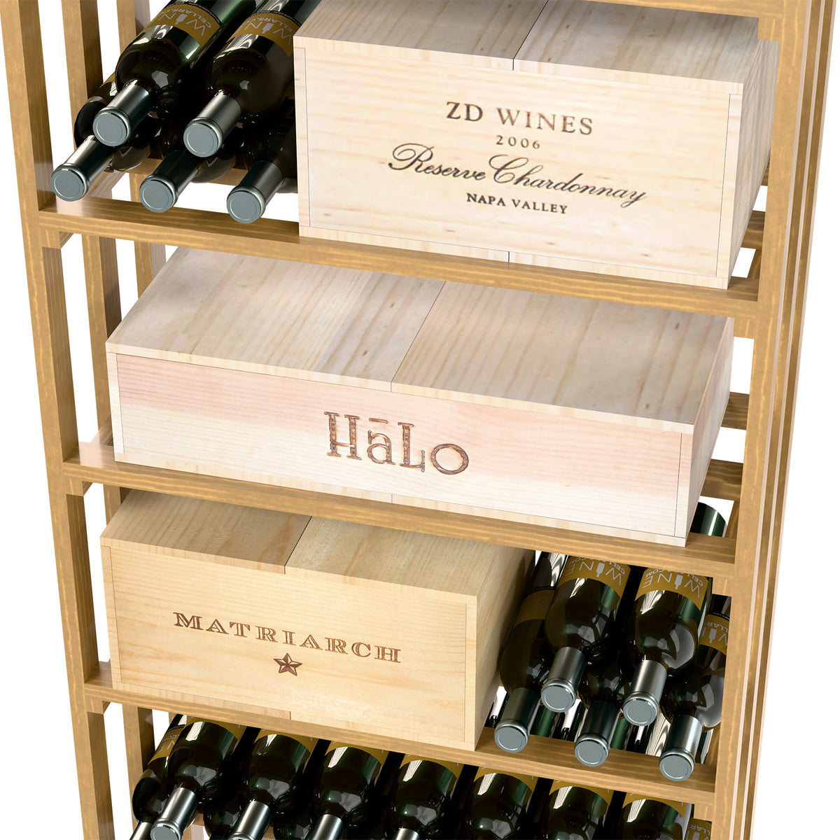 Close-up of wooden wine rack front with bottle slots and two front case compartments